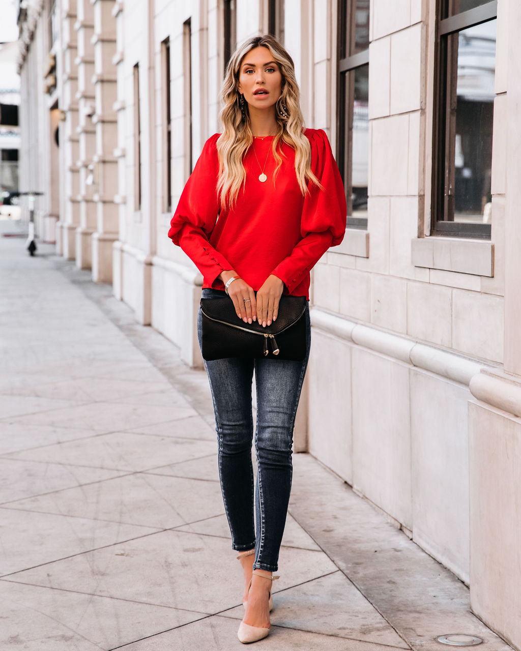 Centerpiece Satin Statement Blouse - Red Oshnow