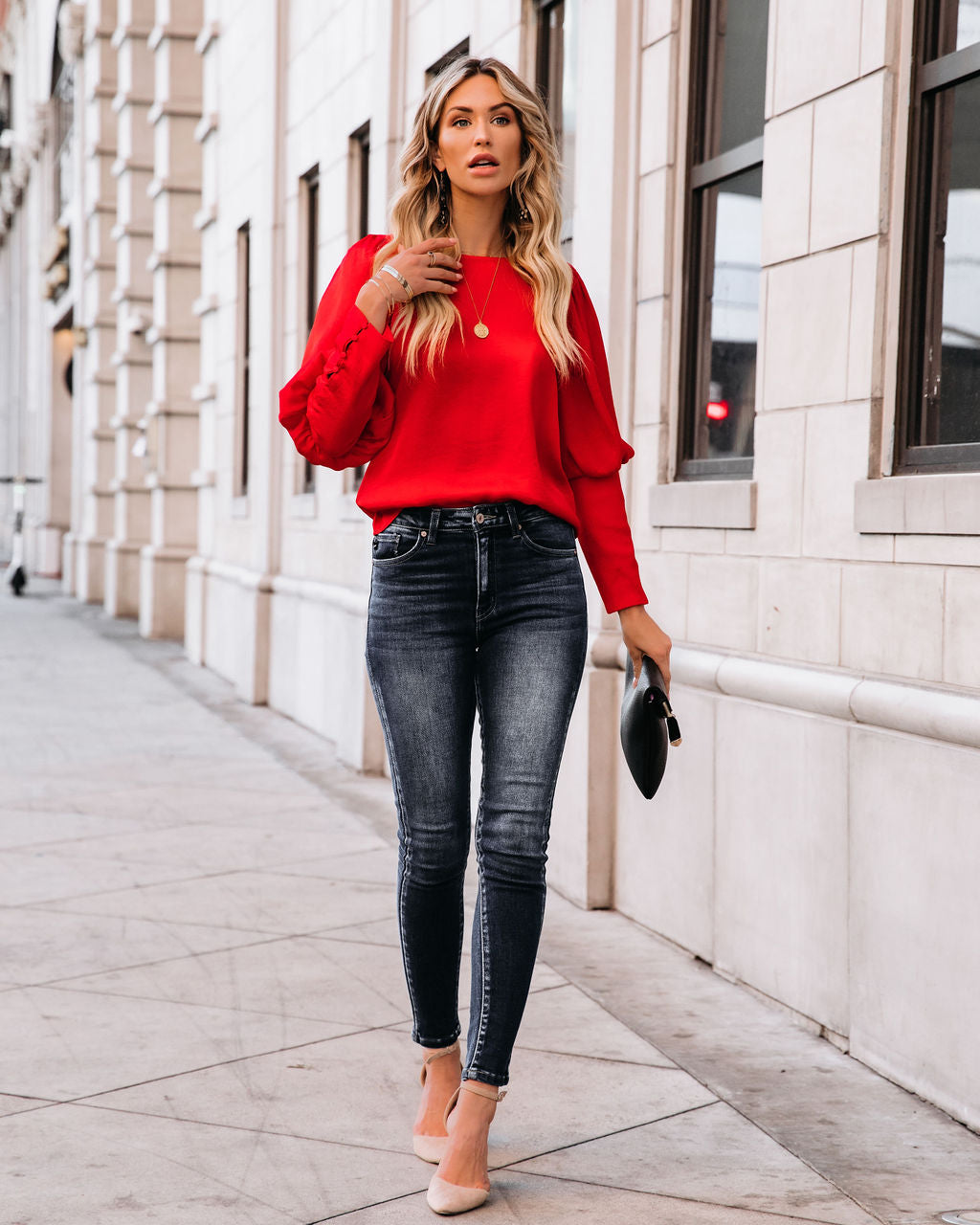 Centerpiece Satin Statement Blouse - Red Oshnow