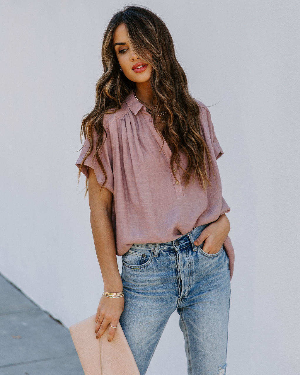 Chance Collared Woven Top - Mauve Oshnow