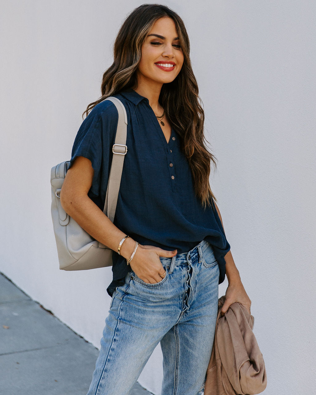 Chance Collared Woven Top - Navy Oshnow