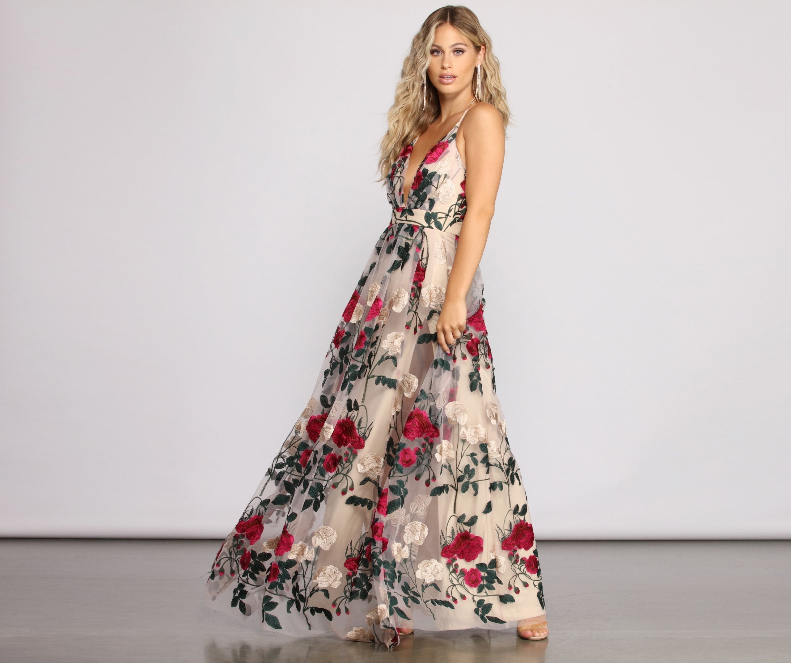 Charena Formal Embroidered Floral Tulle Dress Oshnow