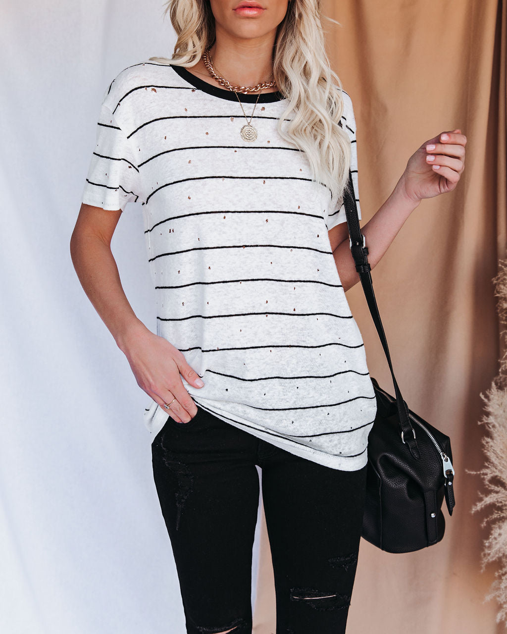 Chase Linen Blend Striped Distressed Tee Oshnow