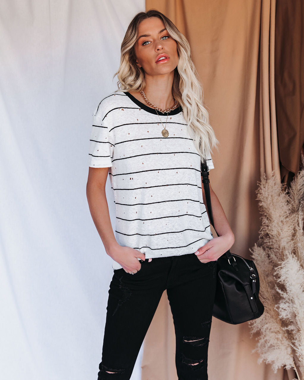 Chase Linen Blend Striped Distressed Tee Oshnow