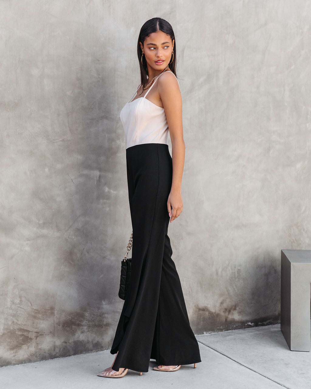 Cherie Colorblock Flare Jumpsuit - Beige/Black