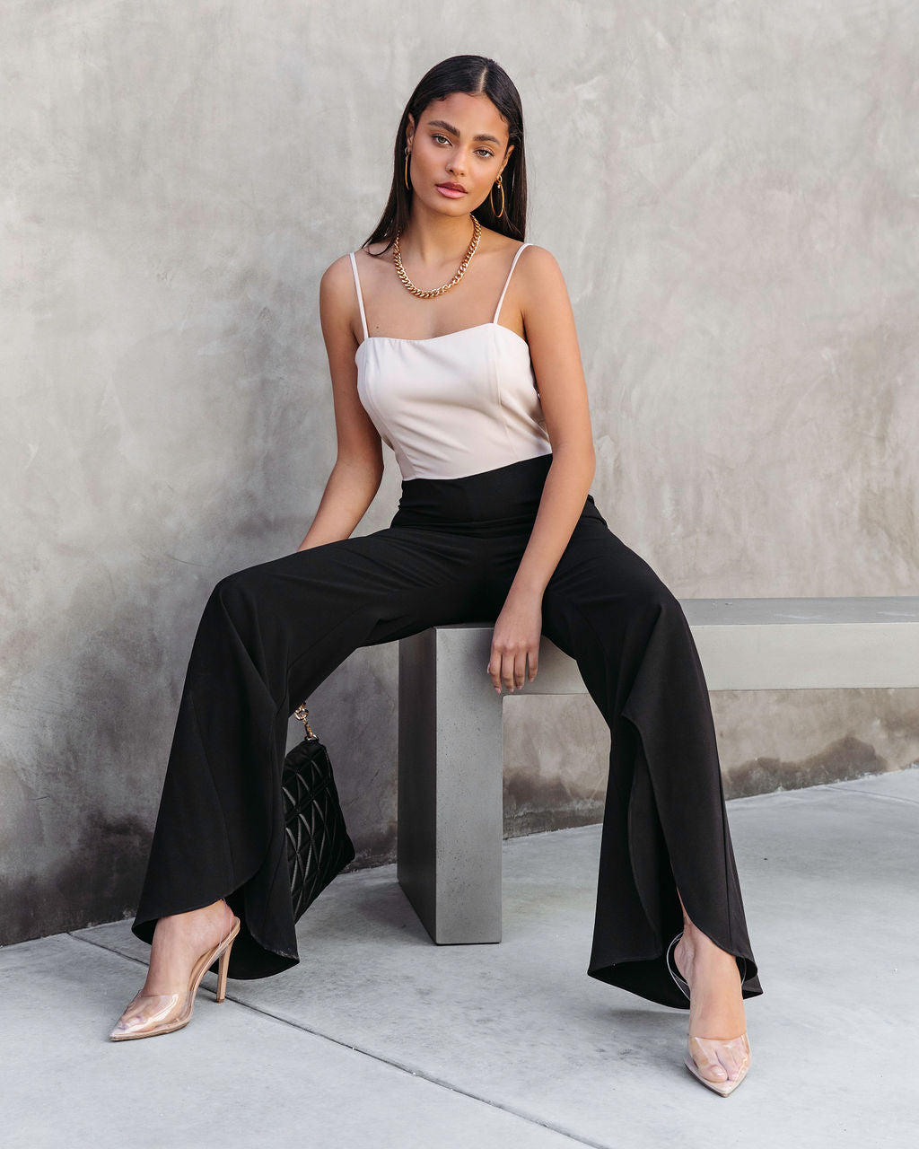 Cherie Colorblock Flare Jumpsuit - Beige/Black