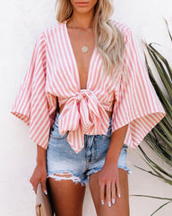 Chi Cotton Blend Striped Tie Top - Pink Oshnow