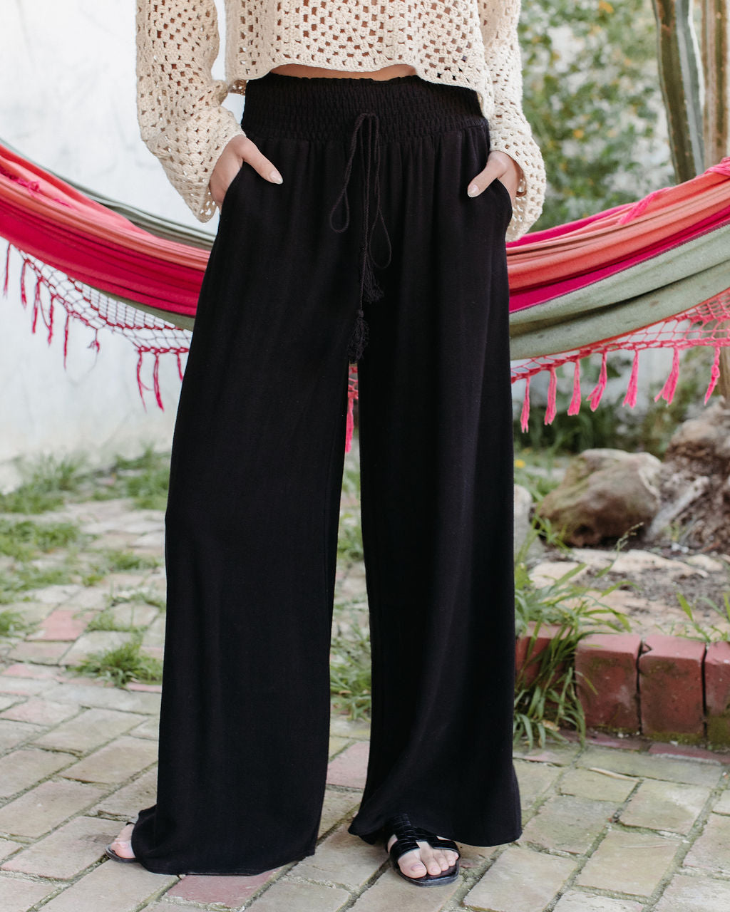 Ciara Pocketed Smocked Wide Leg Pants - Black