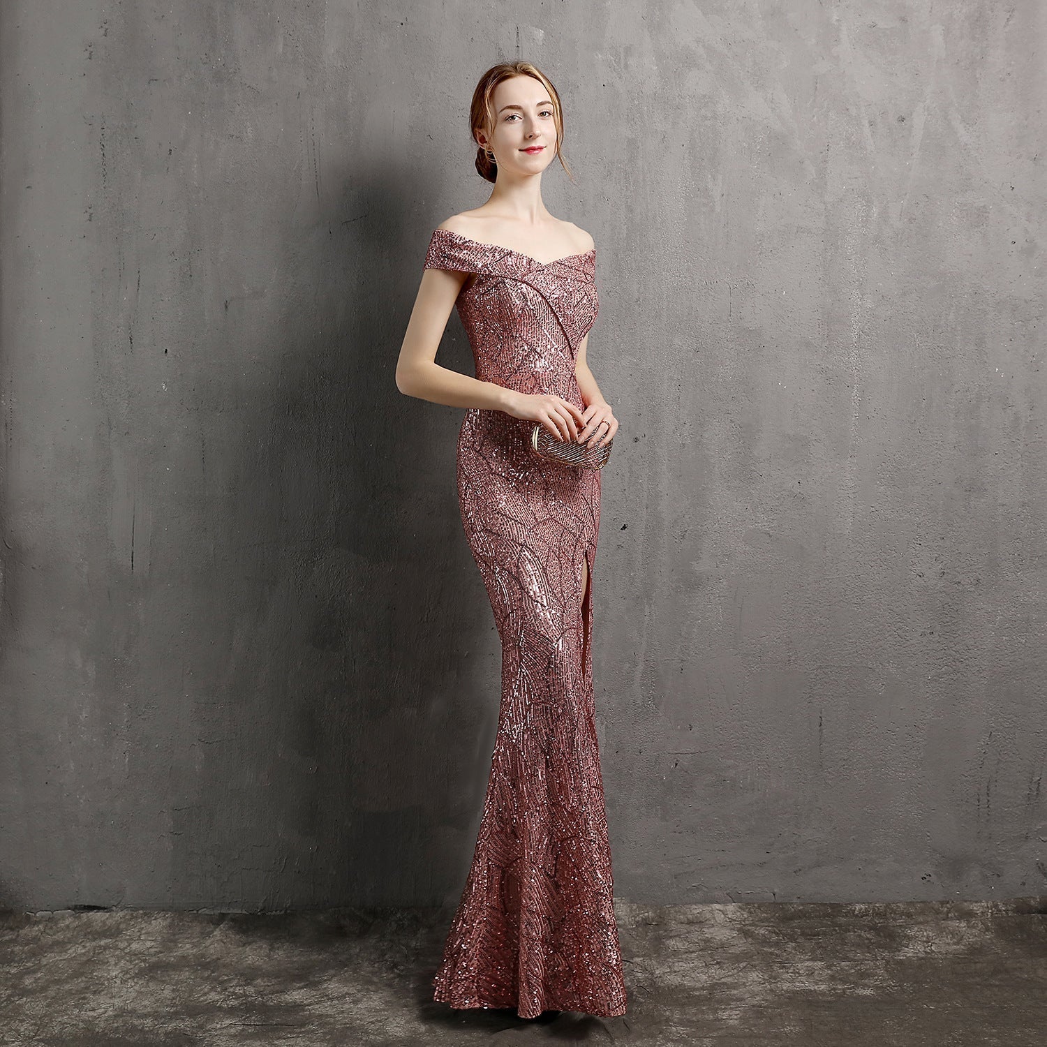Clara Glitter Off the Shoulder Split Dress For Prom Oshnow