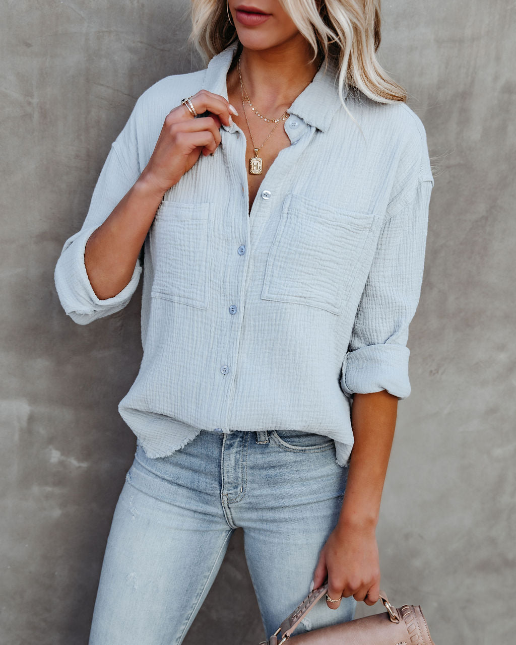 Cobie Cotton Frayed Button Down Top - Light Blue Oshnow