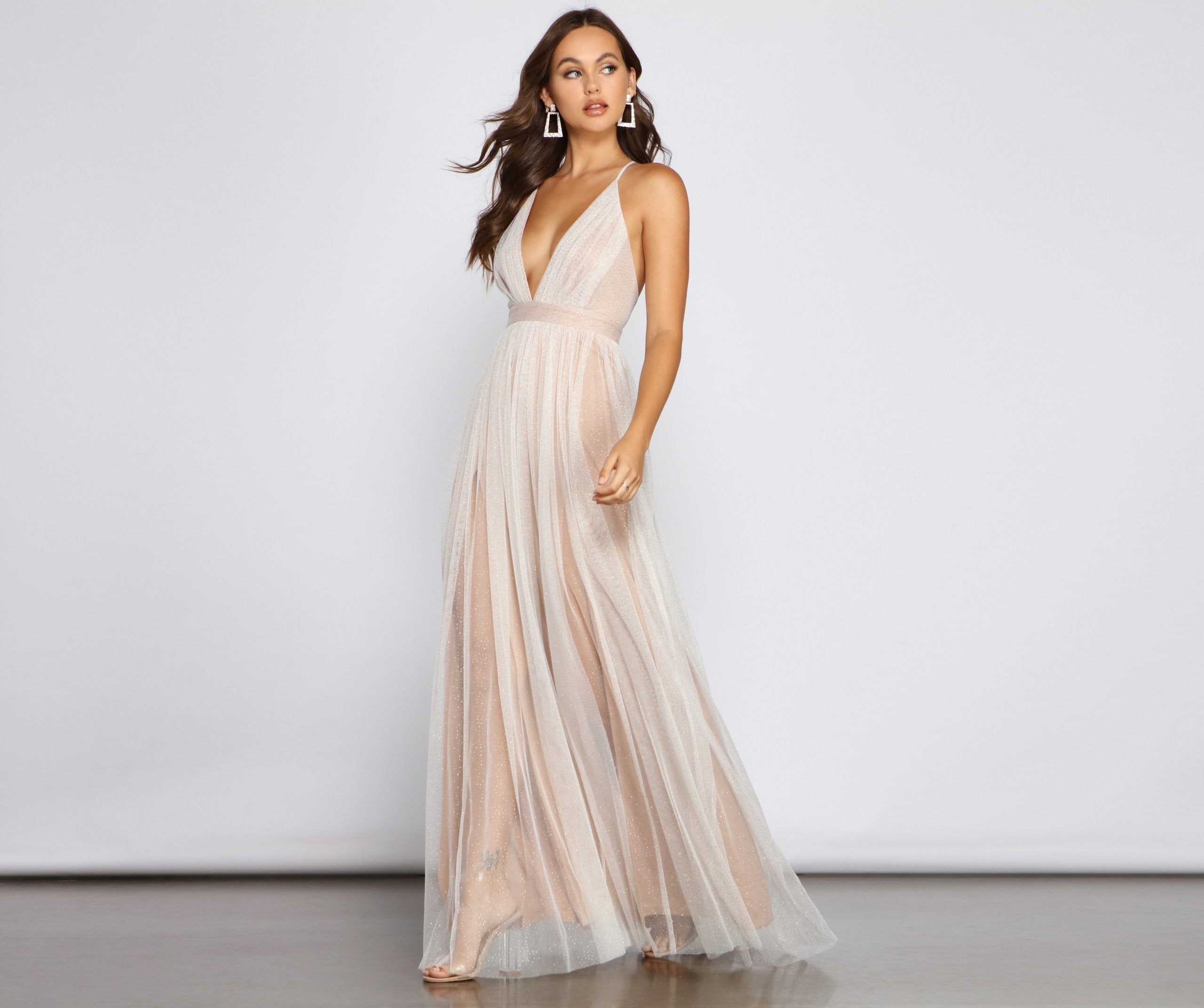 Corinne Glitter Tulle A-Line Formal Dress Oshnow