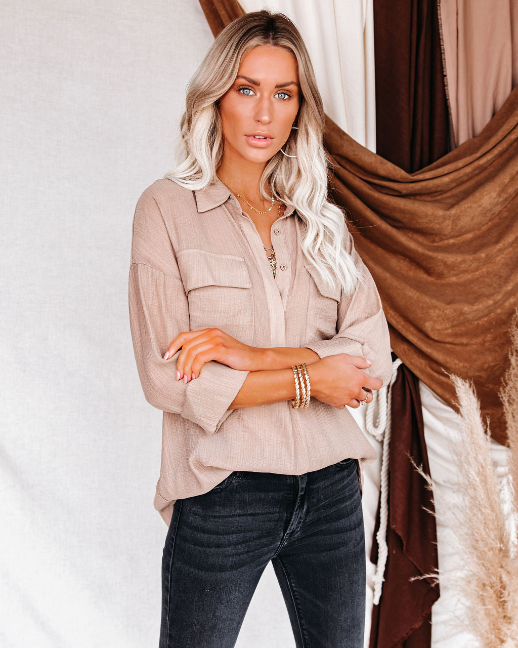 Dedicated Button Down Pocket Top - Taupe Oshnow