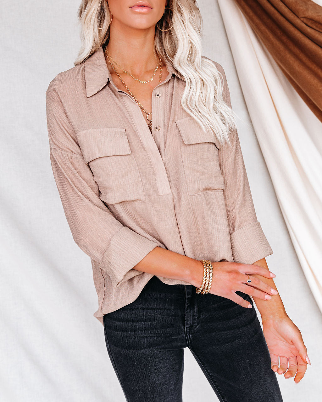 Dedicated Button Down Pocket Top - Taupe Oshnow
