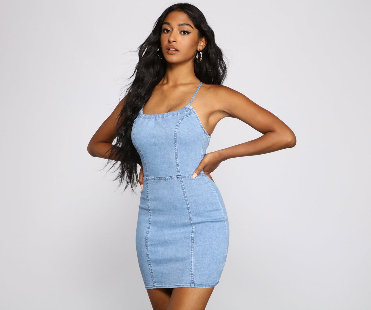 Denim Dreams Lace-Up Mini Dress Oshnow