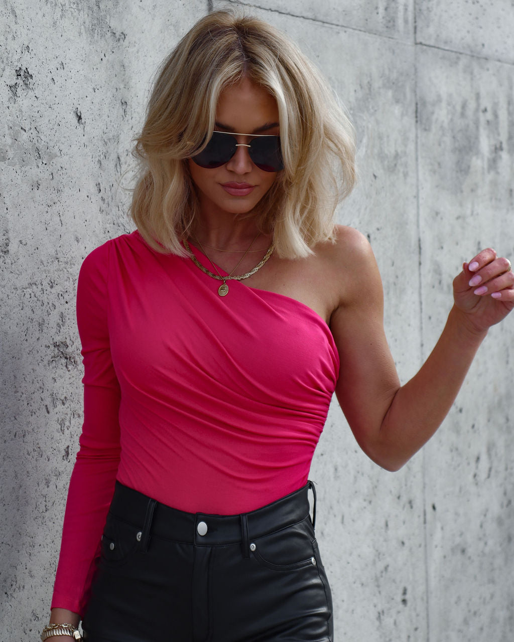 Dignified Queen One Shoulder Drape Bodysuit - Fuchsia Oshnow