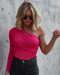 Dignified Queen One Shoulder Drape Bodysuit - Fuchsia Oshnow