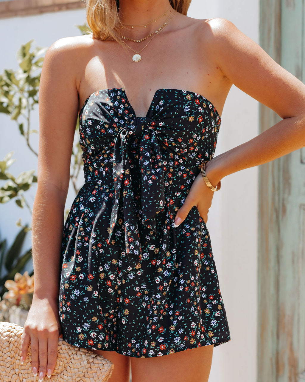 Ditsy Days Strapless Floral Tie Front Romper