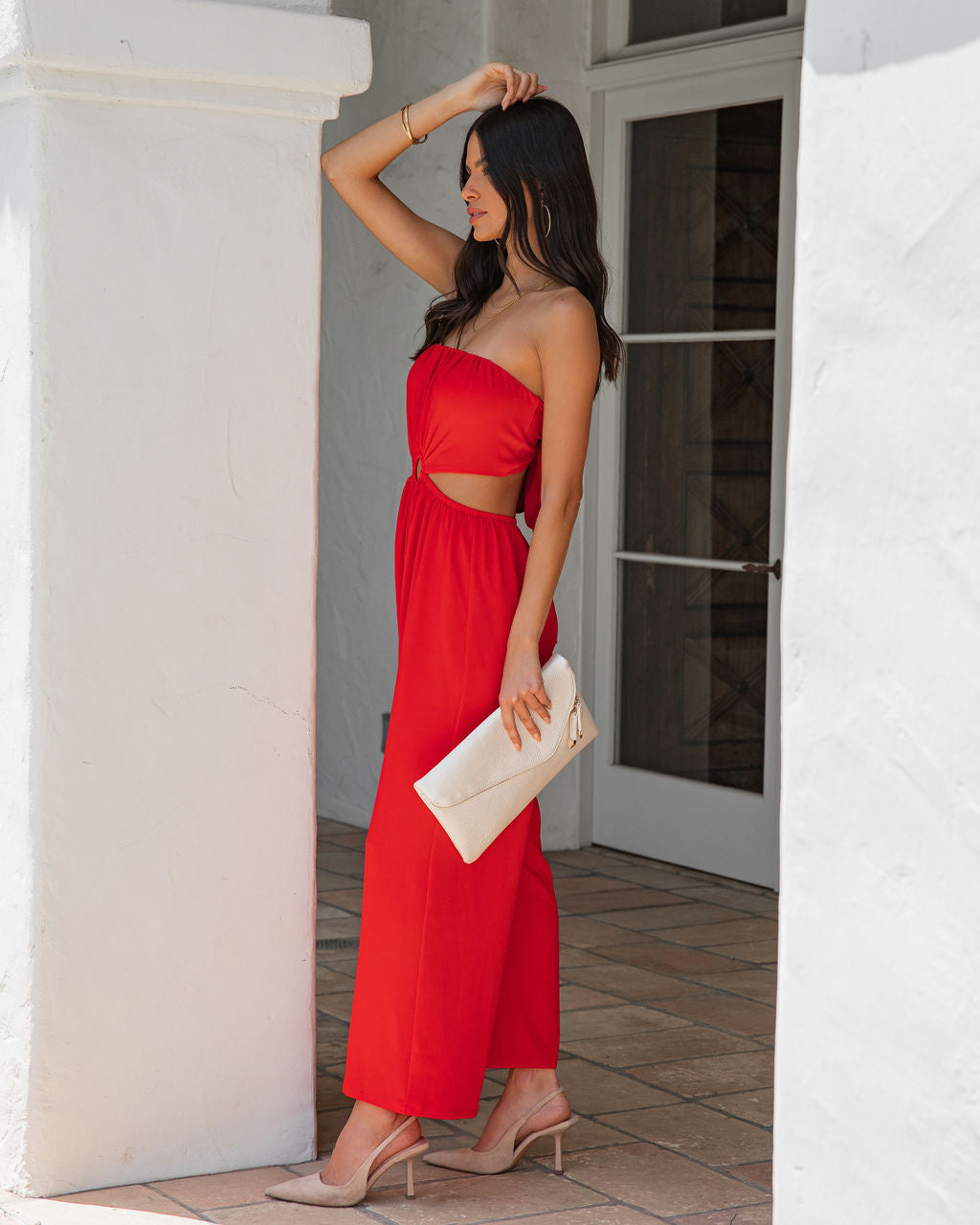 Dolled Up Strapless Cutout Jumpsuit - Tomato Red - SALE
