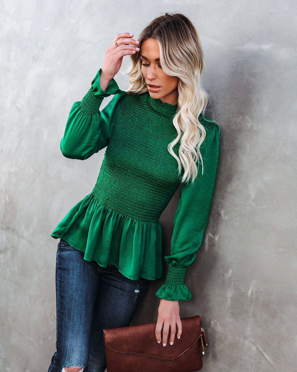 Down To Business Smocked Blouse - Emerald Oshnow