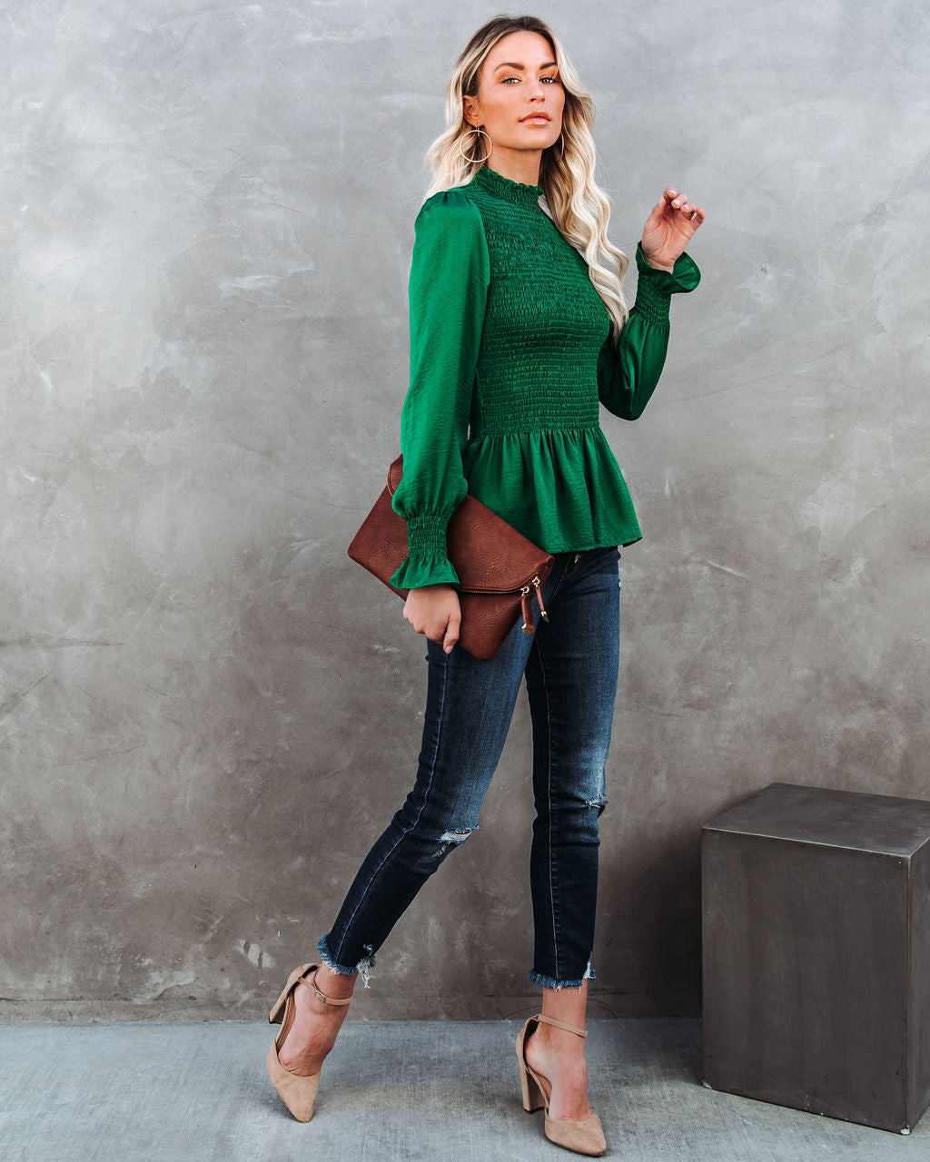 Down To Business Smocked Blouse - Emerald Oshnow