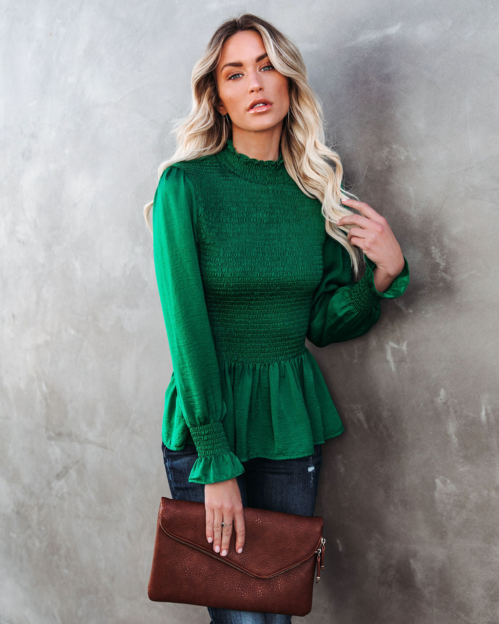 Down To Business Smocked Blouse - Emerald Oshnow