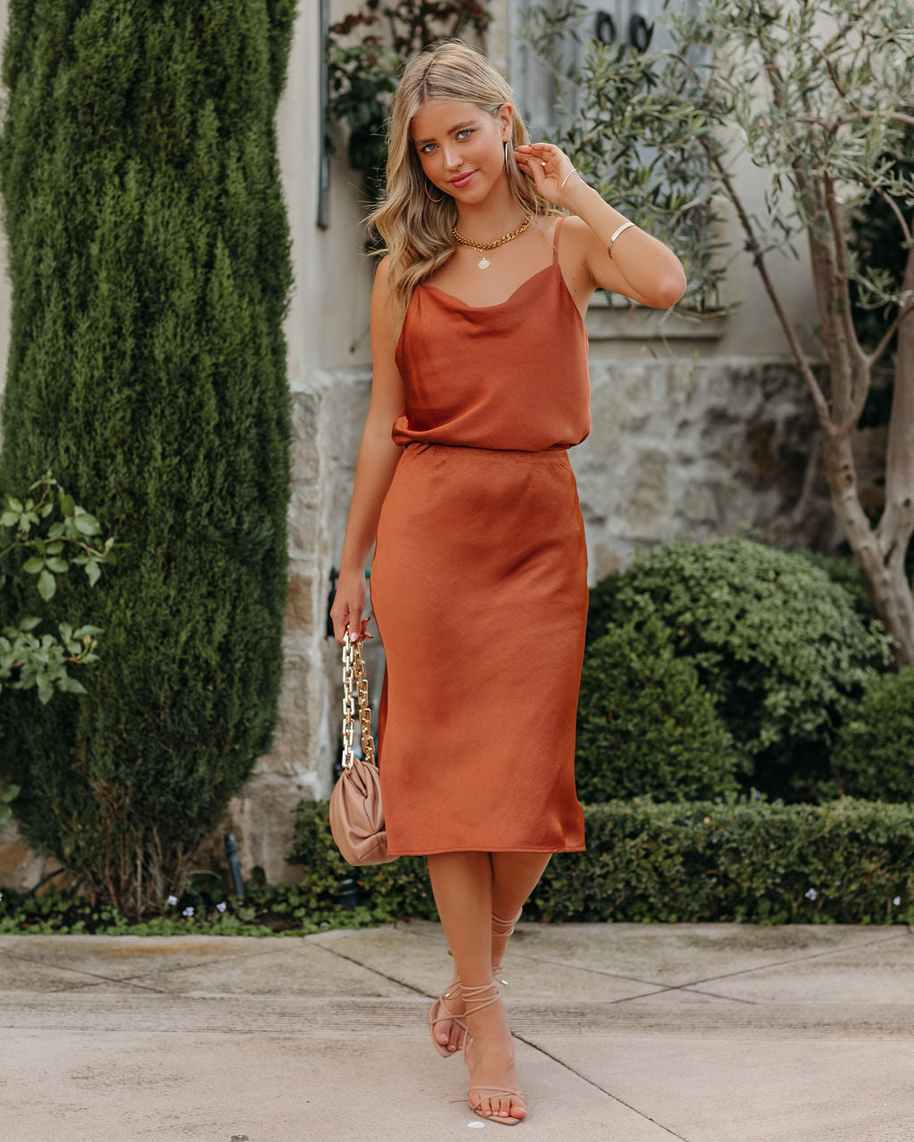 Dreamland Satin Midi Skirt - Rust