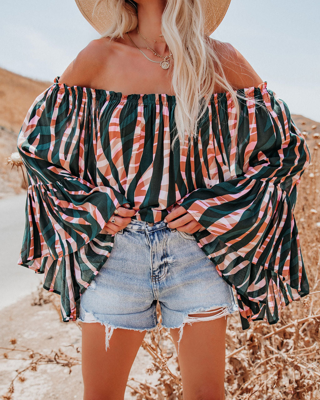Duet Printed Off The Shoulder Bell Sleeve Top Oshnow