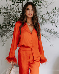 Marilynn Satin Feather Trim Button Down Top - Burnt Orange