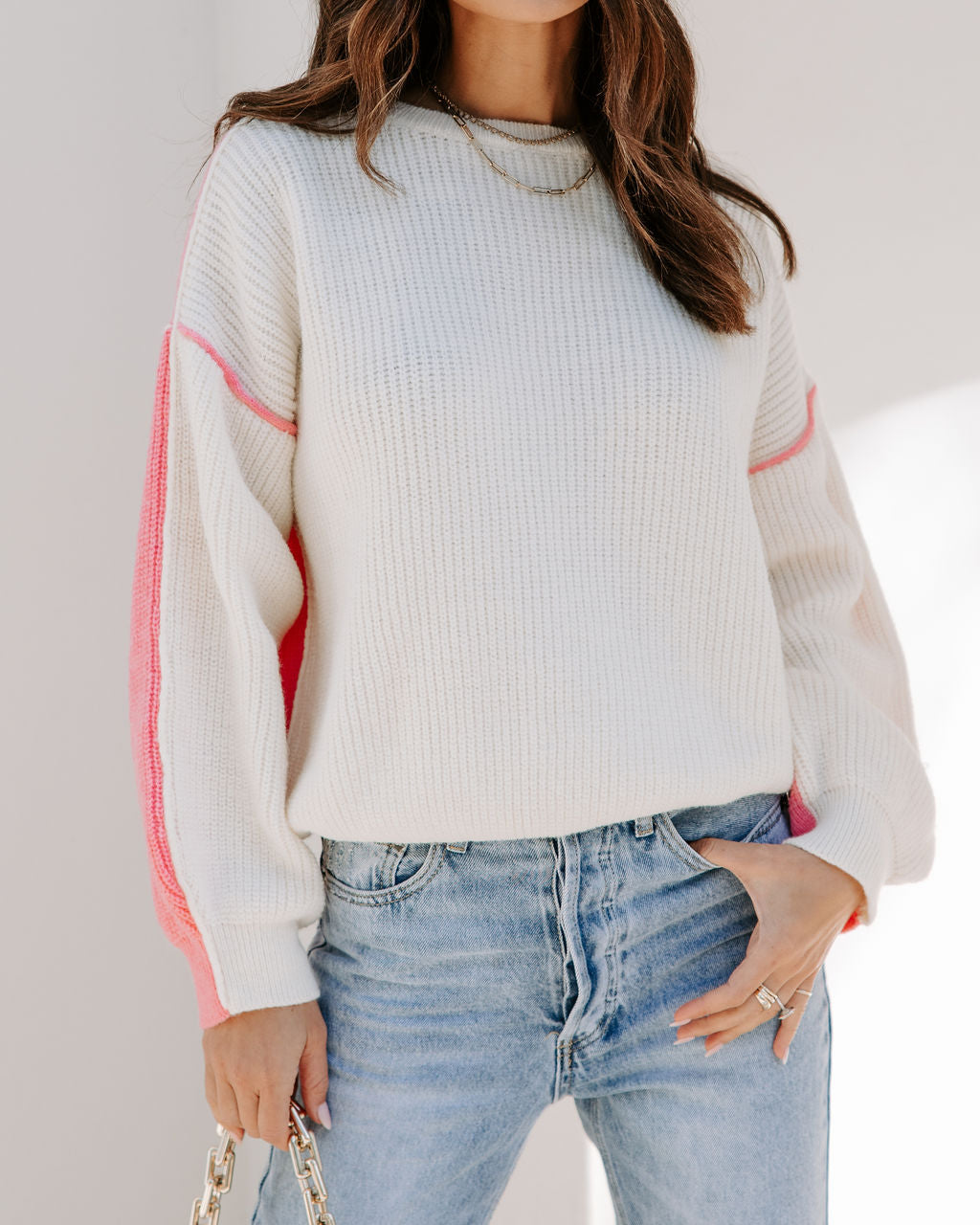 Gemini Knit Colorblock Sweater - Cream/Pink