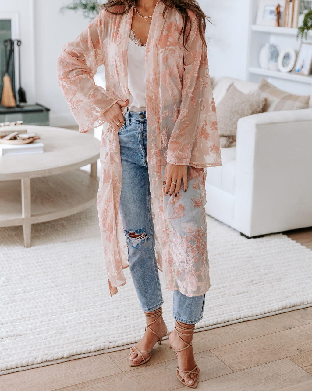 Divine Dreams Burnout Velvet Kimono Robe - Blush