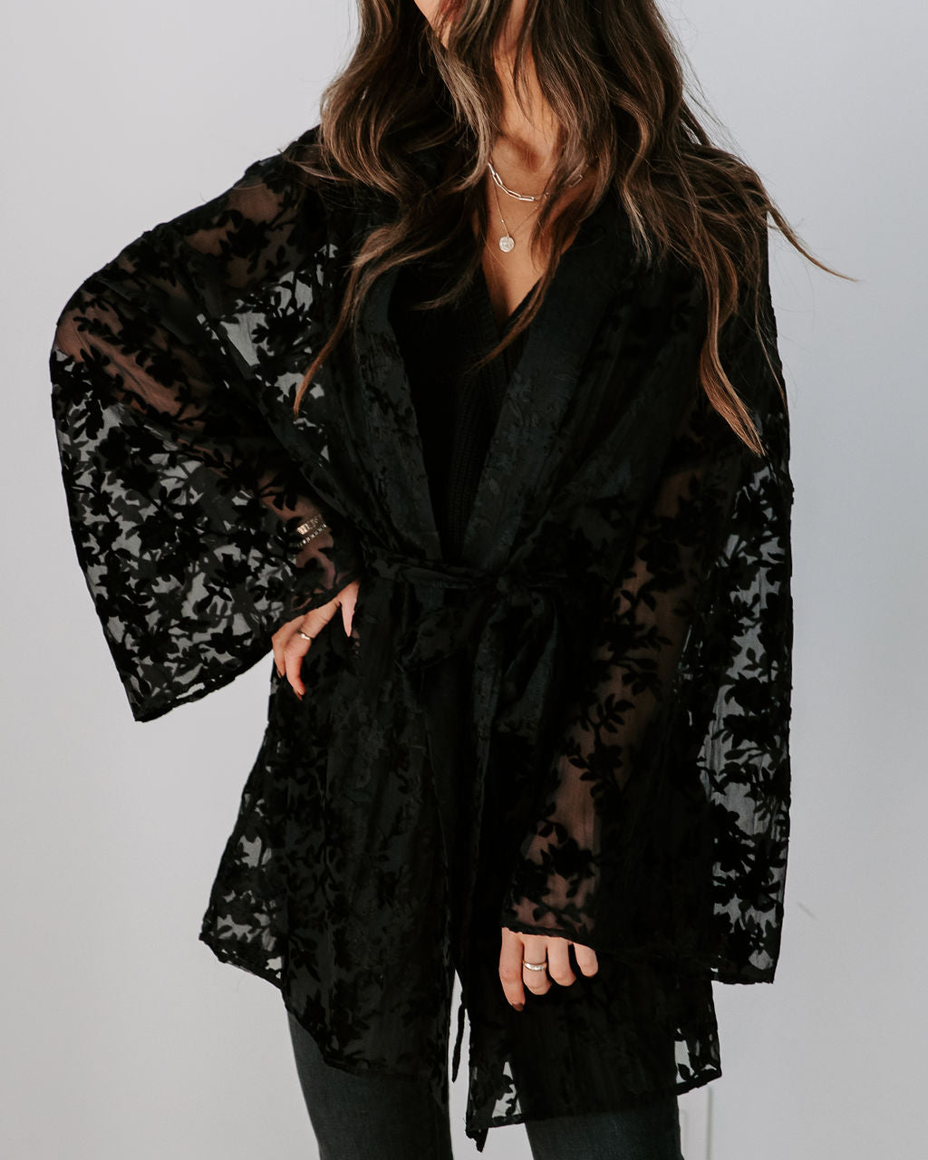 Divine Dreams Burnout Velvet Kimono Robe - Black - SALE