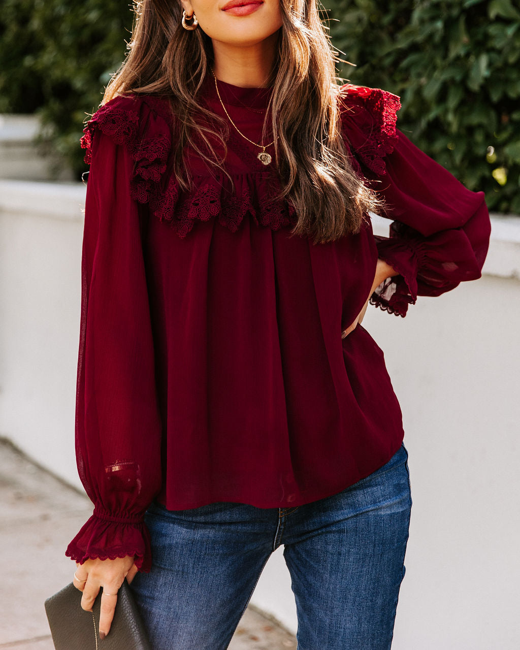 Eleanora Crochet Ruffle Blouse - Wine Oshnow