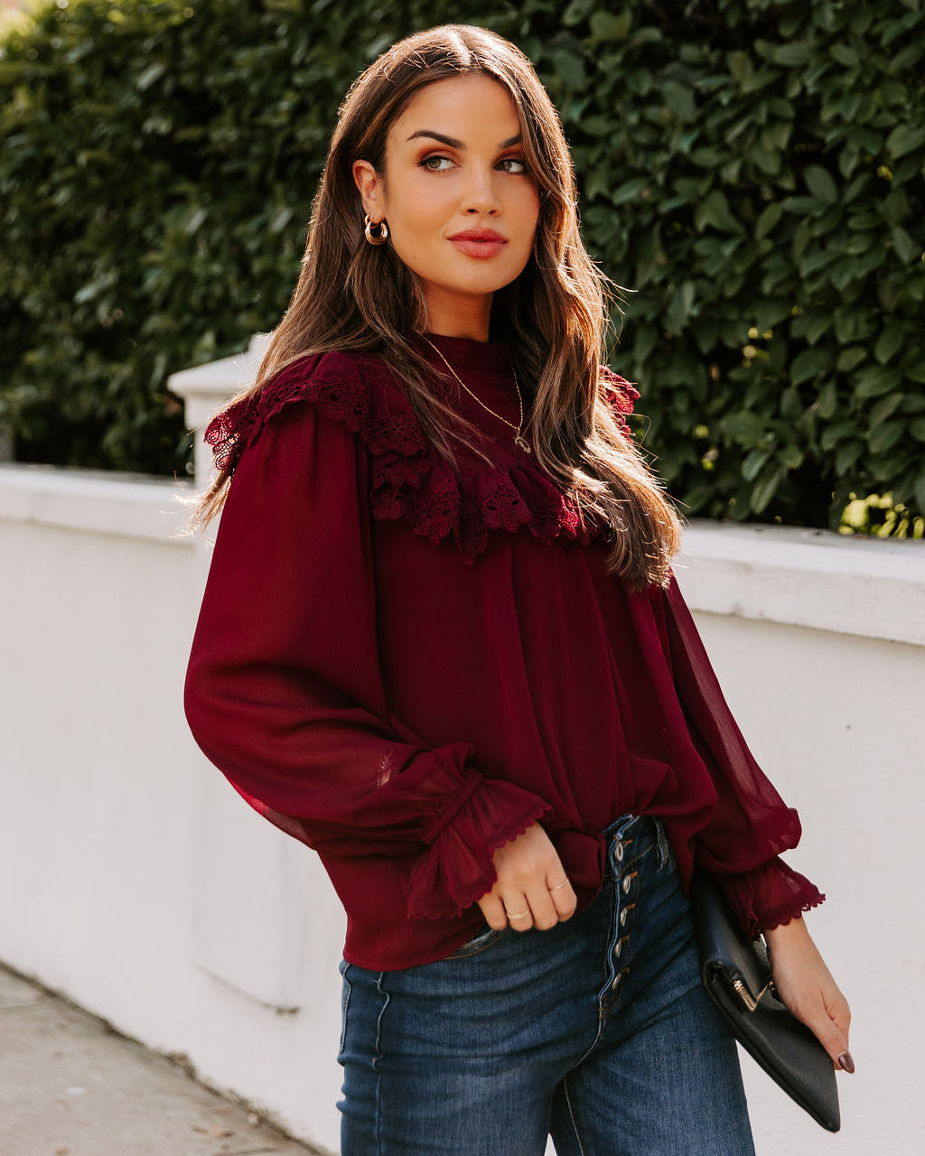 Eleanora Crochet Ruffle Blouse - Wine Oshnow