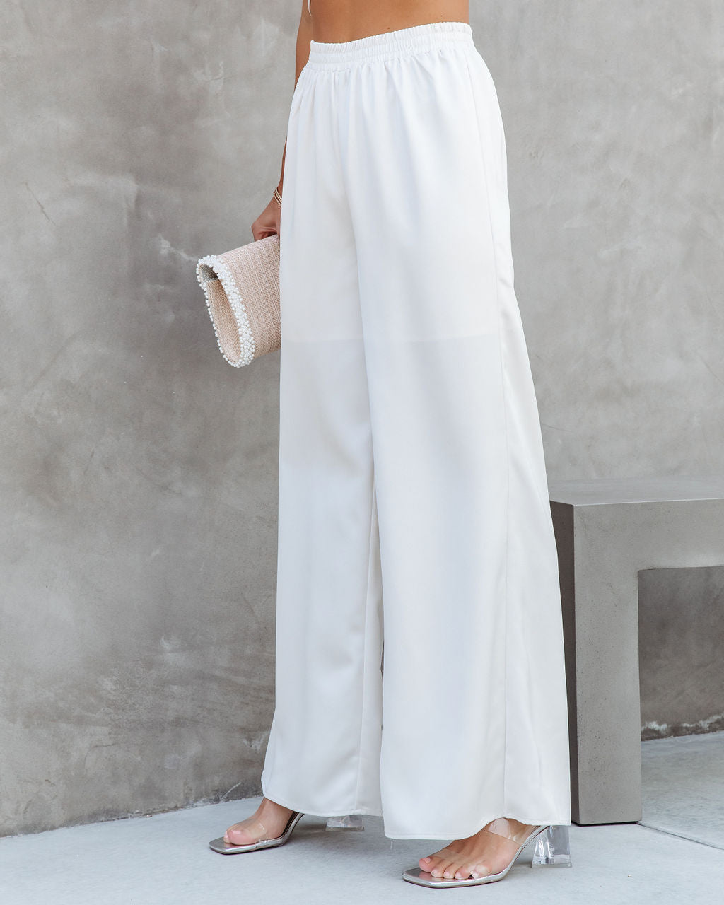 Elegant And Graceful Satin High Waisted Wide Leg Pants - Off White