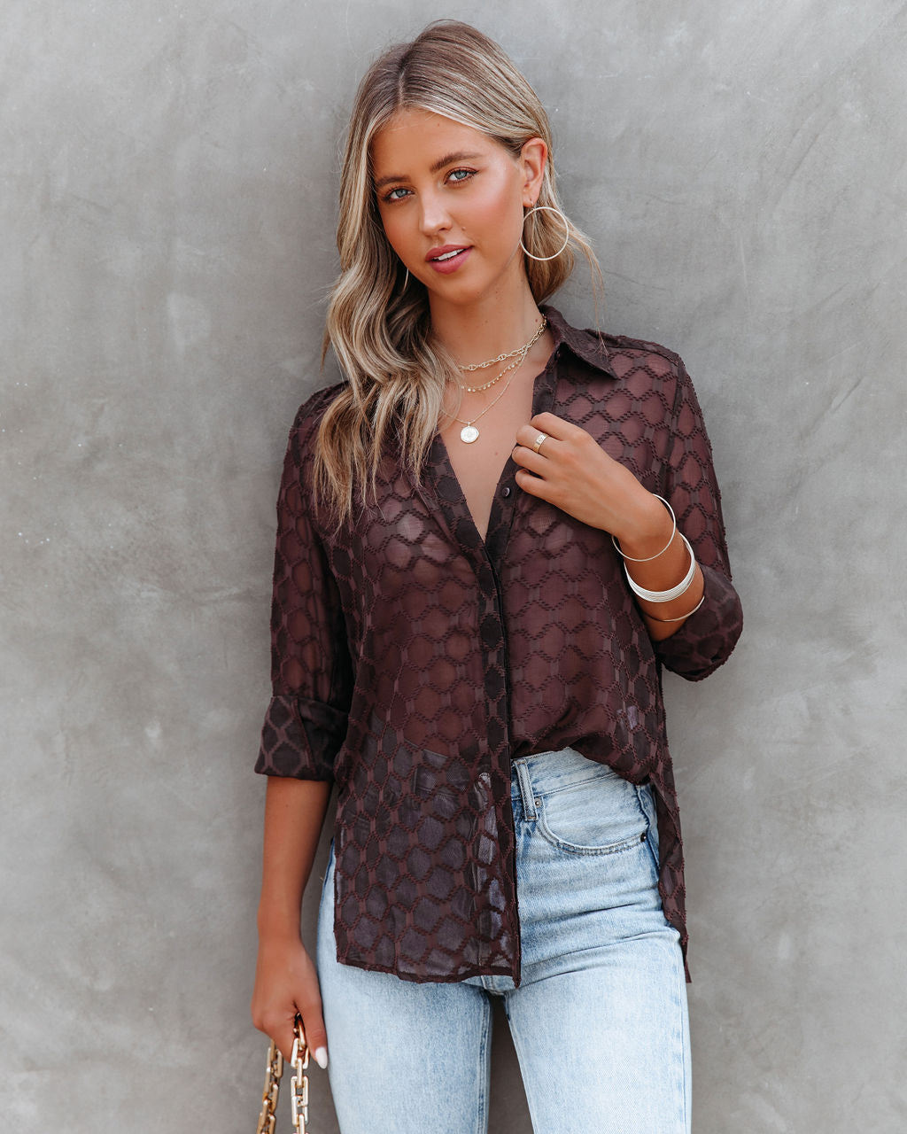 Eleventh Hour Textured Button Down Blouse - Brown Oshnow