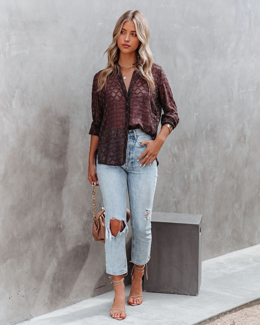 Eleventh Hour Textured Button Down Blouse - Brown Oshnow