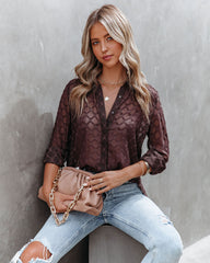 Eleventh Hour Textured Button Down Blouse - Brown Oshnow