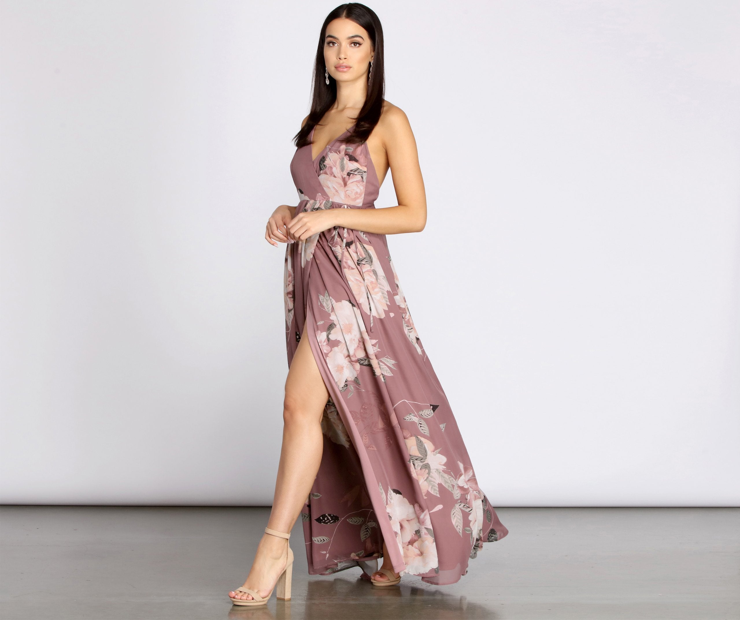 Elisa Floral Chiffon Cross Back A-Line Dress Oshnow