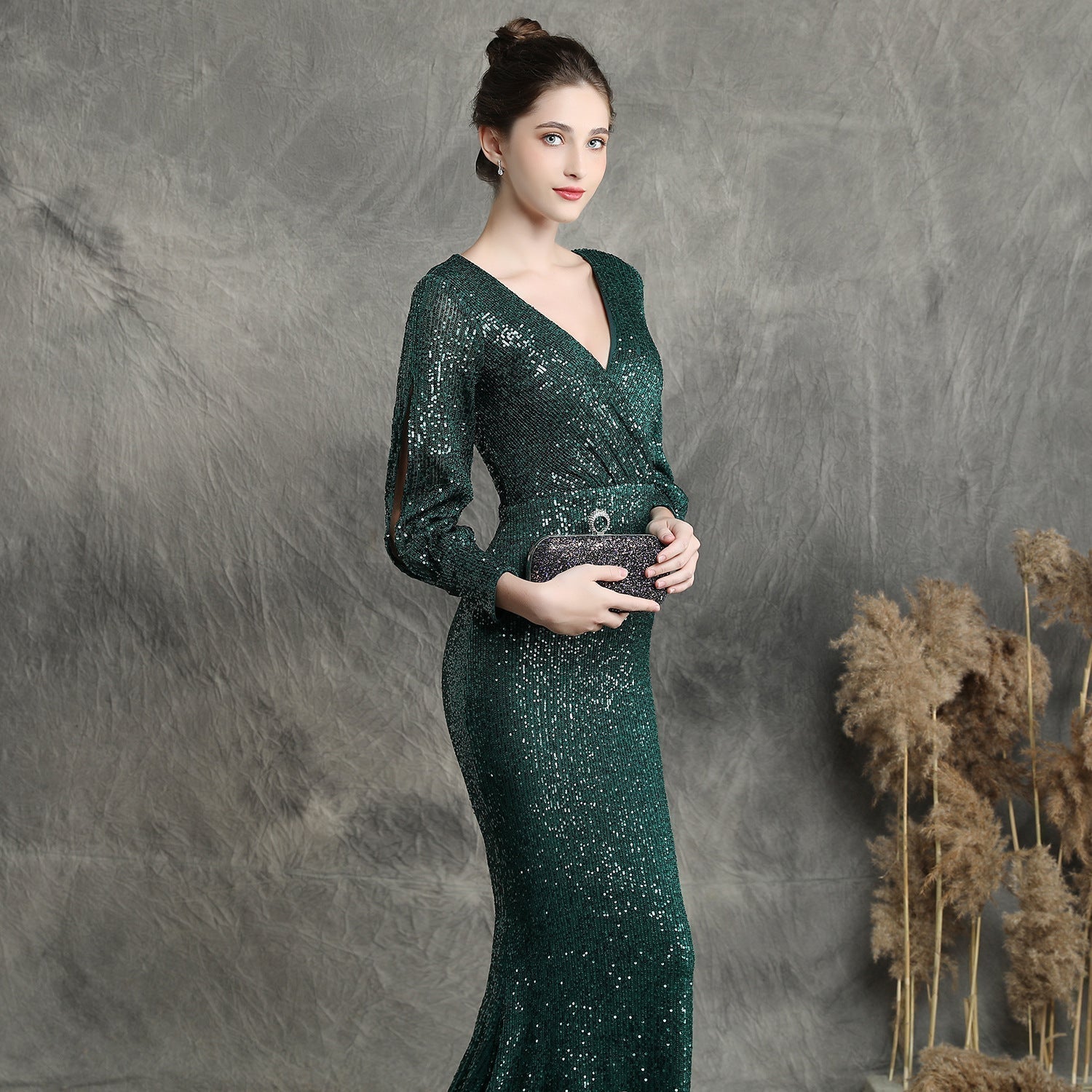 Ella long-sleeve sequined formal fishtail dress Oshnow