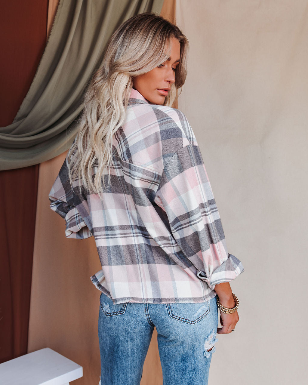 Elle Cotton Plaid Frayed Button Down Top Oshnow