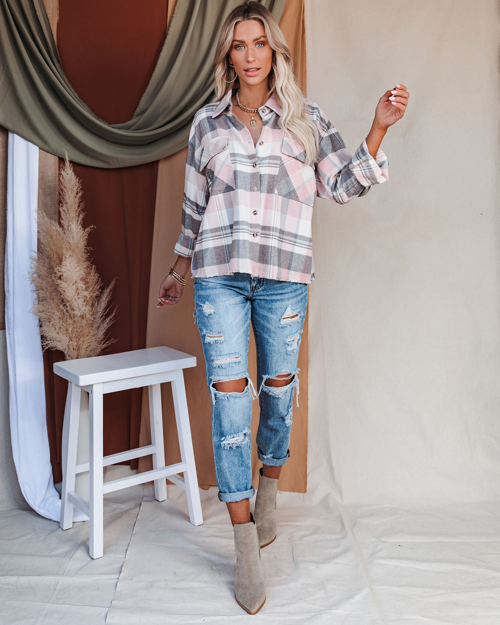 Elle Cotton Plaid Frayed Button Down Top Oshnow