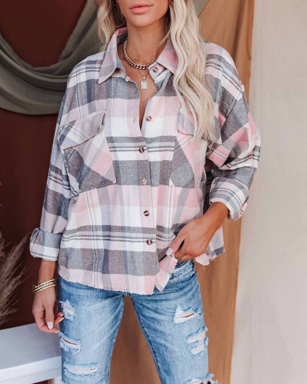 Elle Cotton Plaid Frayed Button Down Top Oshnow