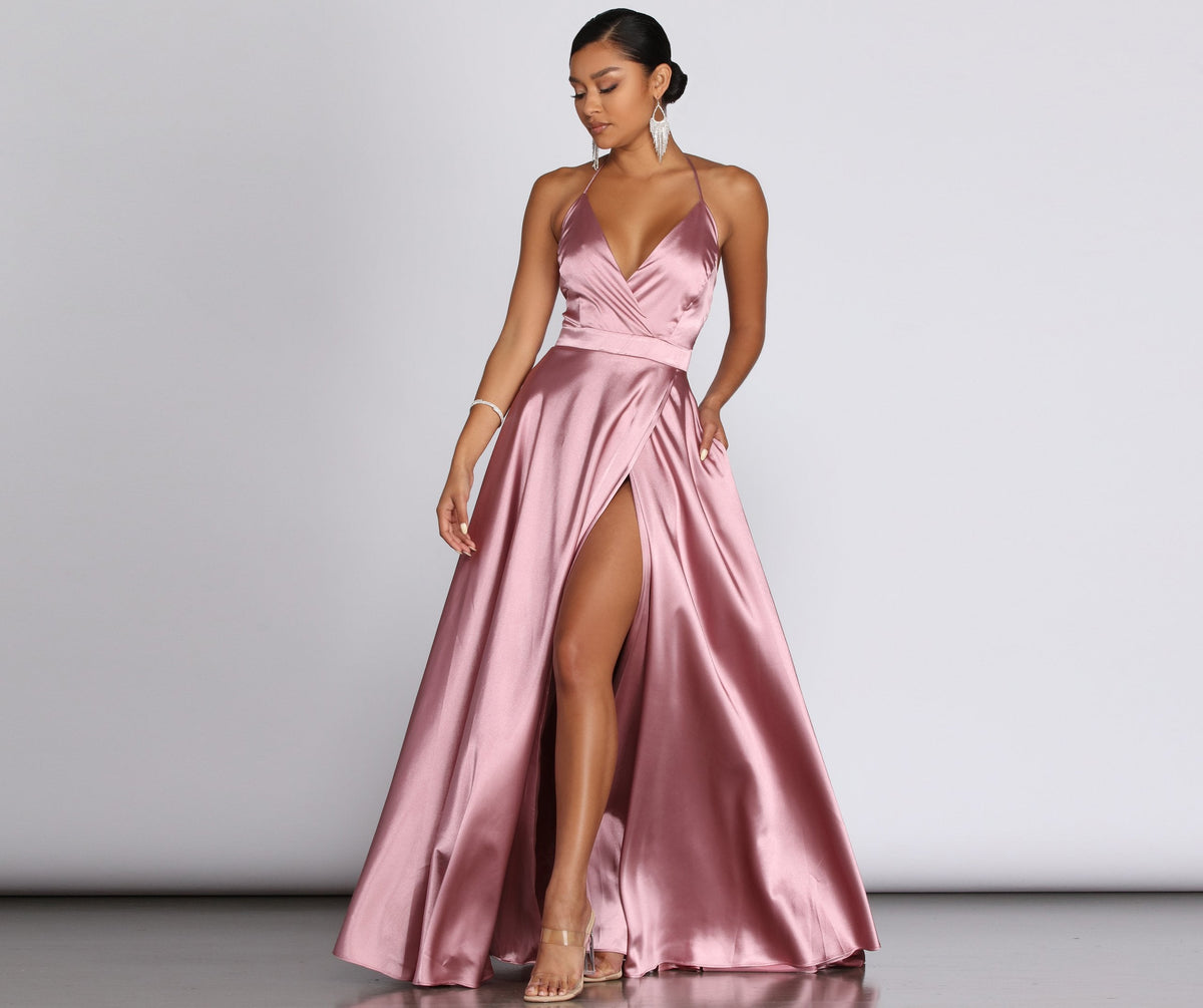 Ellie Formal Satin High Slit Dress Oshnow