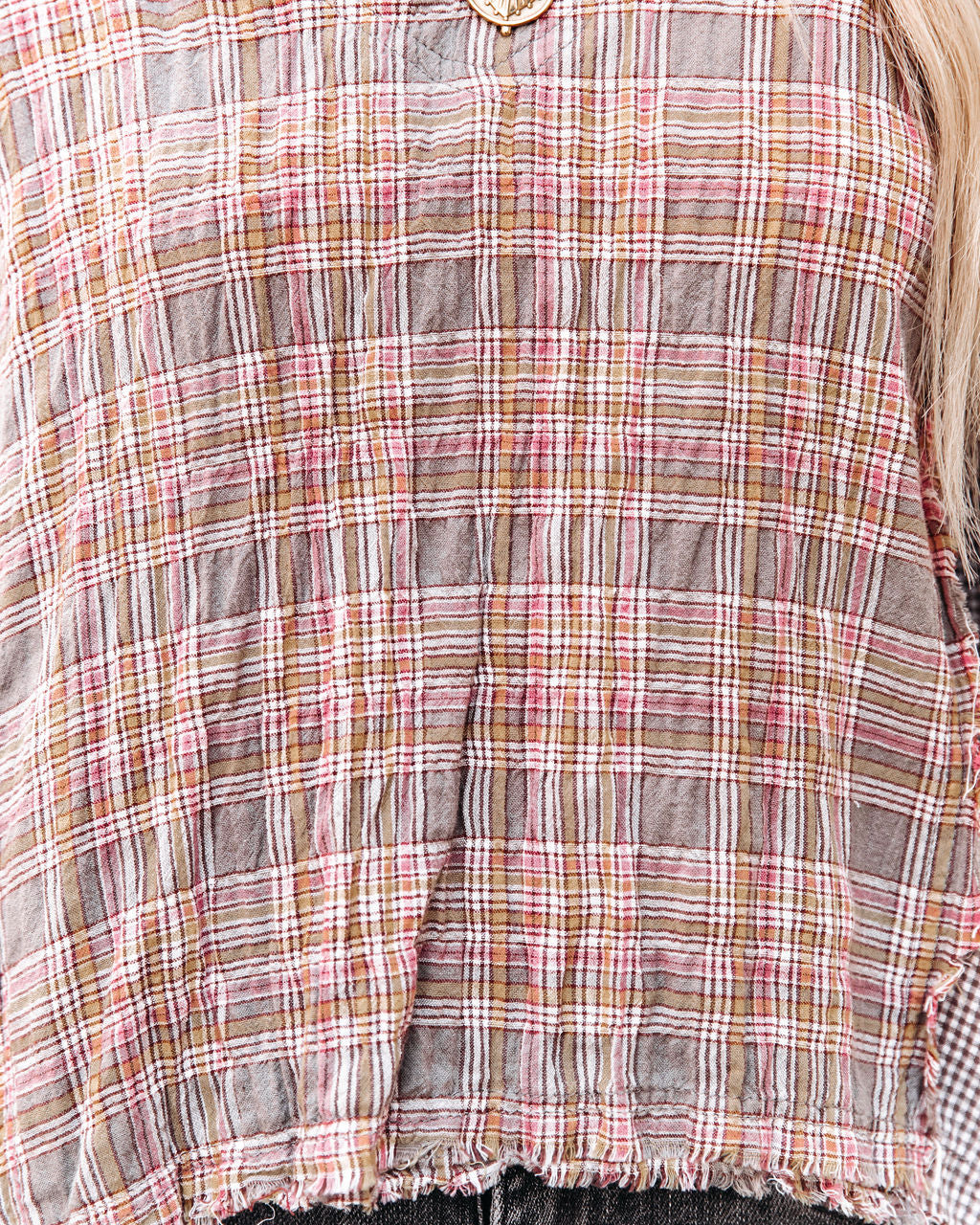 Elowen Cotton Frayed Plaid Top Oshnow