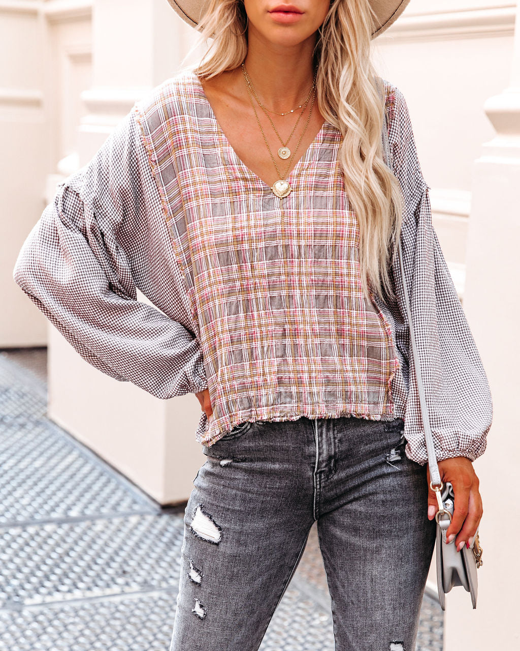 Elowen Cotton Frayed Plaid Top Oshnow