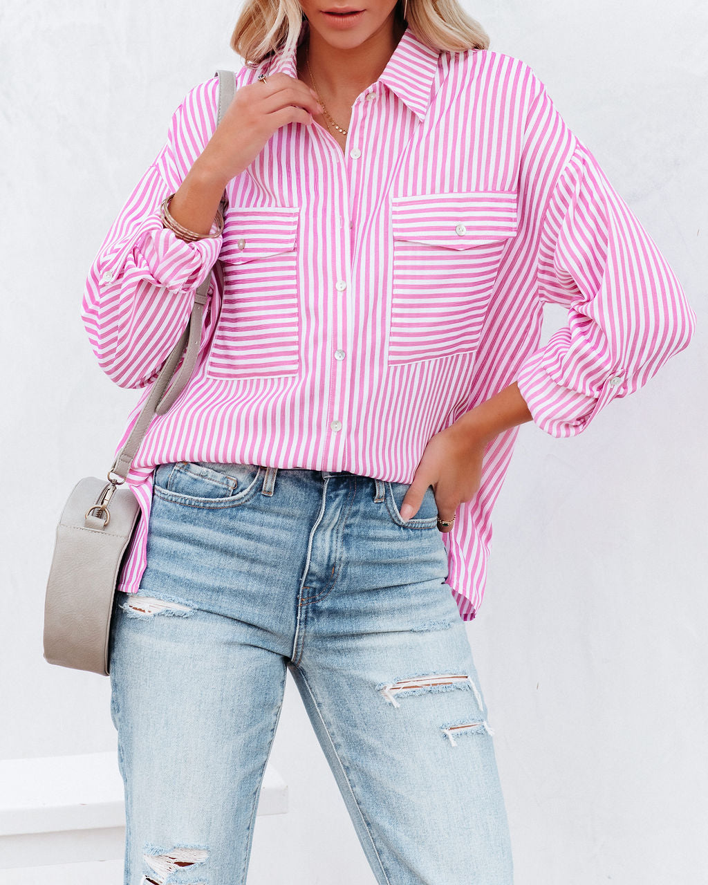 Embrace The Sun Striped Button Down Top - Pink Oshnow