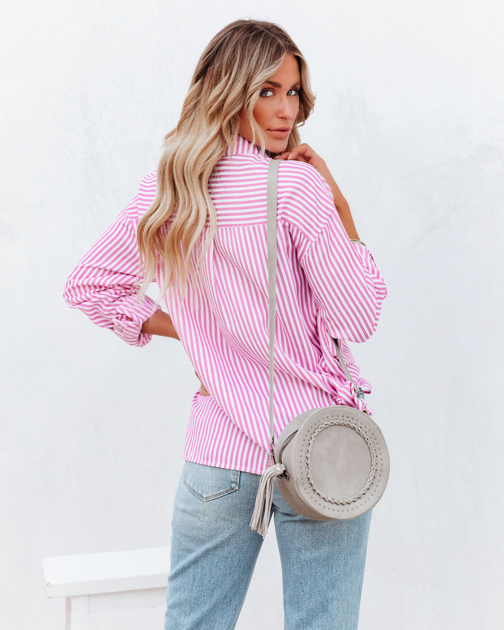 Embrace The Sun Striped Button Down Top - Pink Oshnow