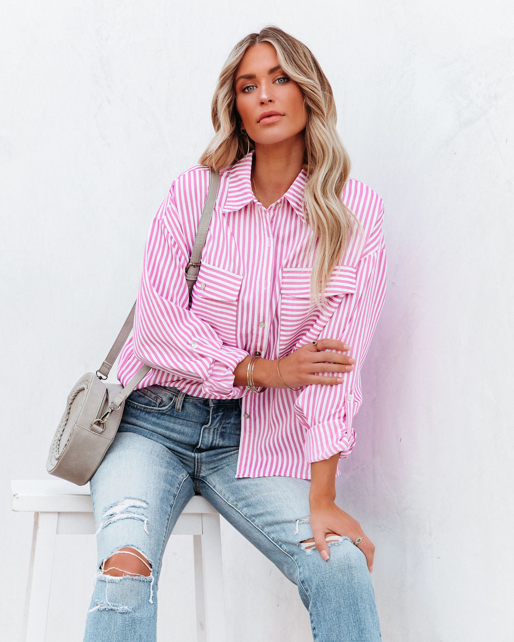 Embrace The Sun Striped Button Down Top - Pink Oshnow