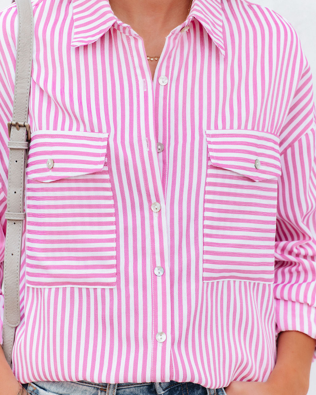 Embrace The Sun Striped Button Down Top - Pink Oshnow