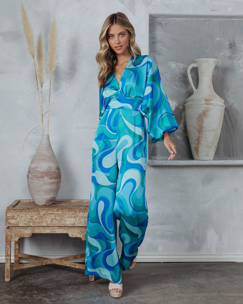 Emilio Satin Printed Wide Leg Jumpsuit Oshnow