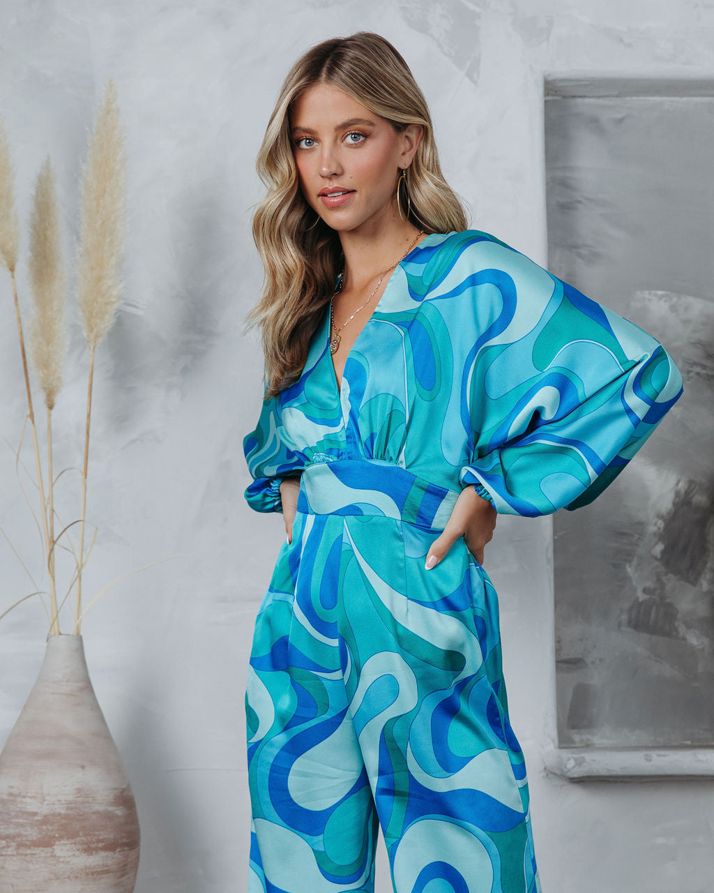 Emilio Satin Printed Wide Leg Jumpsuit Oshnow